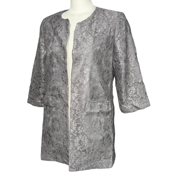 Chico's Lace Jacket Open Front Pockets Round Neck 3/4 Sleeve Cardigan Sz Medium - Picture 3 of 16